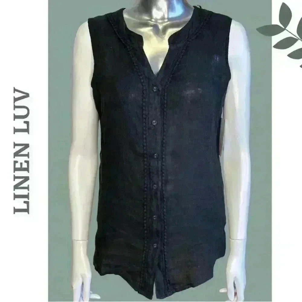 Linen Luv Women’s Sleeveless Black Button Front Top Lace Trim Side Knit Gusset